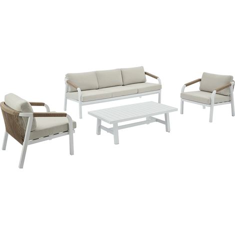 Salon de jardin en aluminium et corde : canapé 3 places, 2 fauteuils et une table basse – Blanc avec coussins beiges – LUREYA de MYLIA (1/5)