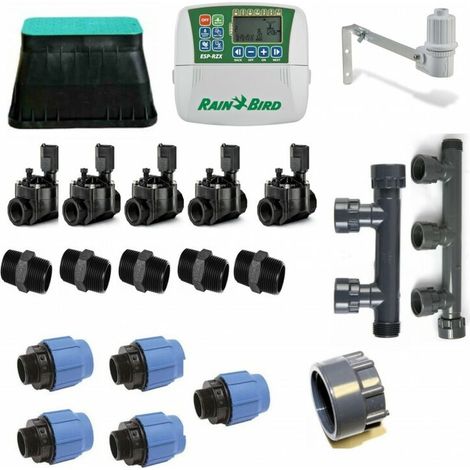 Rain Bird – Kit d'irrigation automatique 5 zones – Système complet avec électrovannes et détecteur de pluie – Arrosage optimisé pour jardin