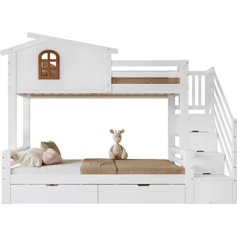 Lit superposé enfant avec 2 tiroirs à roulettes, fenêtres décoratives, échelle d’angle et cadres à lattes stables, blanc et naturel – CHICFURN (1/5)