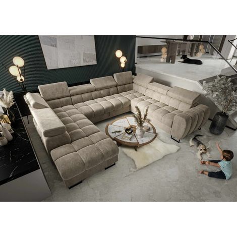 Wohnlandschaft Schlafsofa BASTIEN XL in Stoff Terra Beige Ottomane Links