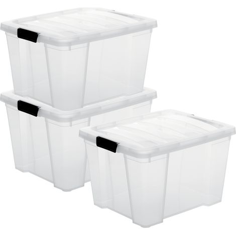 Iris Ohyama, Contenitore in plastica con coperchio, 30L, lotto da 3, trasparente, HB-30