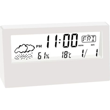 Despertador Digital - Temperatura Y Humedad Ambiente - Fecha Y Día De La Semana - Pantalla LCD 10 Cm - Alarma Con Función Snooze - 1 Unidad - Blanco (1/5)