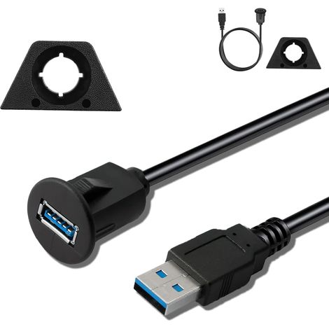 1M Câble D'Extension USB 3.0 Femelle Encastrable, Panel Flush Mount Cable 10 Gbps 5 V/2 A, Prise USB Voiture Rallonge USB 3.0 Voiture Encastrable Pour Montage Encastré Dans Voiture Bateau RV Moto (1/5)