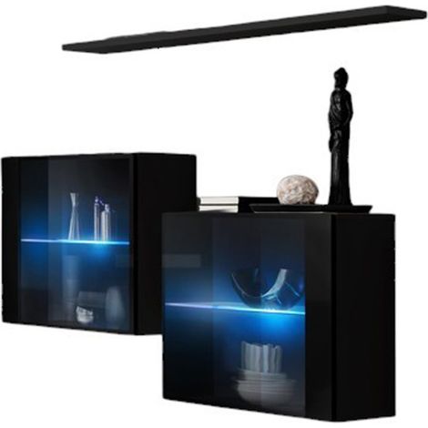 Ensemble meubles de salon SWITCH SBIII – Design moderne – Noir brillant – Portes vitrées avec LED intégrée
