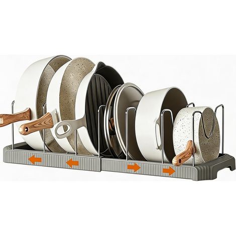 Range Couvercle, Range Casserole Extensible de 33 à 56 cm, Rangement Couvercle Casserole avec 7 Supports Réglables, Porte Casseroles Réglable Gris, pour Assiettes et Planches à Découper (1/5)