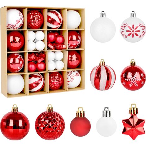 Lot de 44 boules de Noël en plastique - Rouge et blanc - Avec crochet de suspension - Décoration de sapin de Noël - Pour décoration de Noël (1/5)
