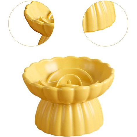 Ciotola per gatti, dispositivo di contenimento per l'alimentazione dei gatti, ciotola rialzata in ceramica, ciotola anti-schiocco a forma di fiore, gialla (1/5)