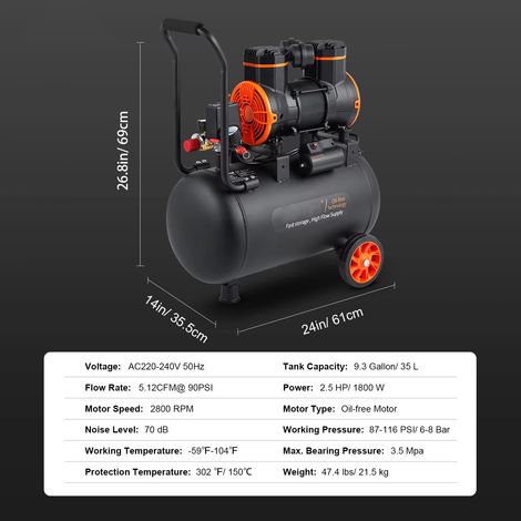 Compresseur d'air silencieux 1800W , pompe à air portable sans huile pour le gonflage des pneus, compresseur silencieux-35L (1/5)