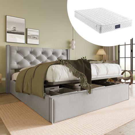 Bett 140x200 cm im Retro-Stil, hellgrau, Baumwolle, gepolstertes Kopfteil, Lattenrost mit Stauraum und Hubfunktion (1/5)