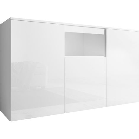 Muebles Bonitos – Buffet bas 3 portes 140x82x40cm – Finition mélamine brillante – Système d'ouverture push-click – Meuble de rangement moderne