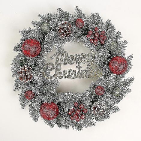 Beleuchteter Weihnachtskranz für die Haustür, 30 cm Durchmesser, „Be Merry“-Kranz mit rot-schwarzer Schleife im Karomuster, beleuchtete Weihnachtsdekoration im Landhausstil. (1/4)