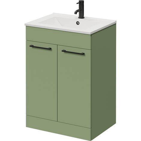 Napoli 460 Olive Green 600mm 2 Door Vanity Unit with Angel Basin - 600mm - Matt Black 160mm Handle