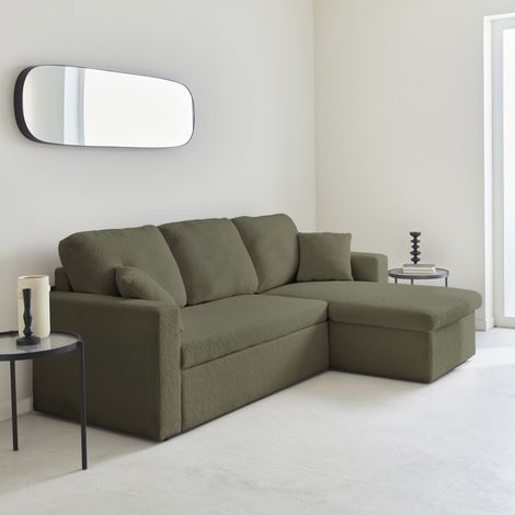 Canapé d'angle convertible en tissu bouclettes - IDA - 3 places. fauteuil d'angle réversible coffre rangement lit modulable Bouclette Kaki