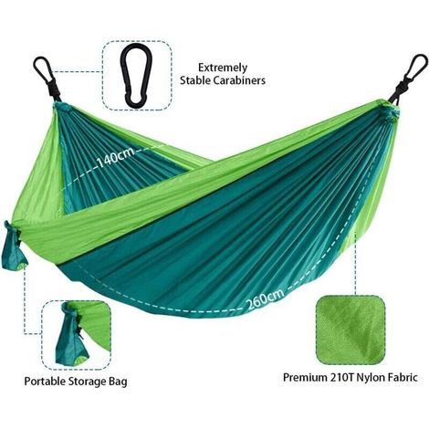 YMYNY Ultralight travel hammock – double and single – maximum load: 250 kg (260 x 140 cm) – hammock for outdoor, indoor, garden, terrace, survival, camping – green (1/4)