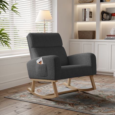 FOERPL-Schaukelstuhl mit 2 Seitentaschen, Schaukelstuhl für Kinderzimmer mit Beinen aus Massivholz, Relaxsessel Moderner Gepolsterter Stillsessel für Schlafzimmer, Wohnzimmer Schaukelsessel
