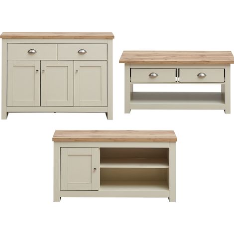 3 Piece Cream Furniture Set TV Unit Sideboard Coffee Table Oak Contemporary (1/5)