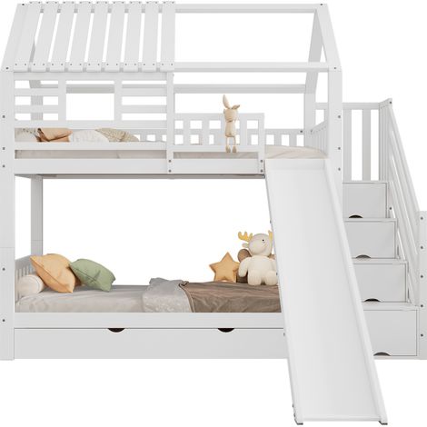 CHICFURN Letto a castello per bambini 90x200 cm bianco con scala contenitore e scivolo (1/5)