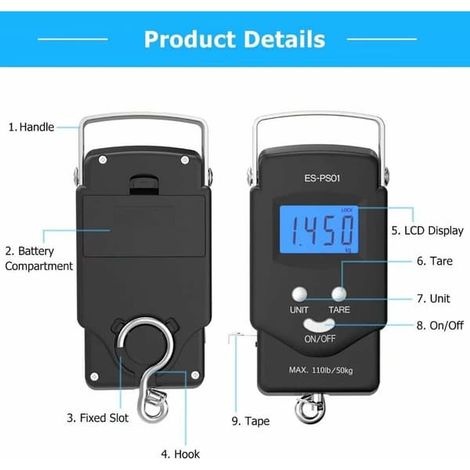 PS01 Bagagevåg 110lb/50kg Balans électroniques Digital Fiske Paket Post ok Våg avec Måttband, 2 piles AAA incluses