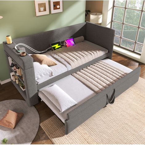 Cama diván tapizada 90x190 cm gris, algodón y lino, con cama nido, USB/Type-C, portavasos y estantes laterales (1/5)