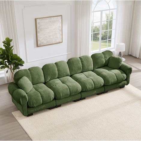 Sofá modular (330x86x90 cm), tapizado capitoné, respaldo curvo, con cojín móvil, chenilla verde (1/5)