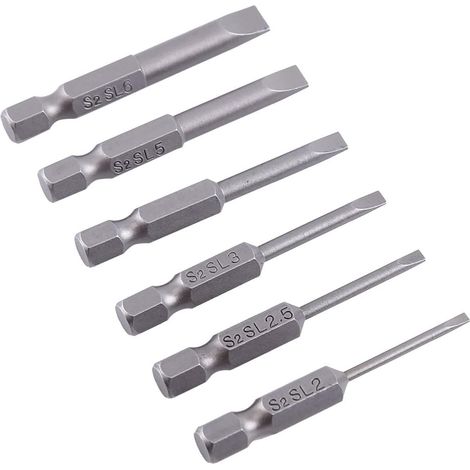 6pcs 50mm 2.0-6.0mm Tête plate embout fendue embouts de tournevis ensemble S2 alliage magnétique 0,25"hexagonale fendue tournevis embouts (1/2)