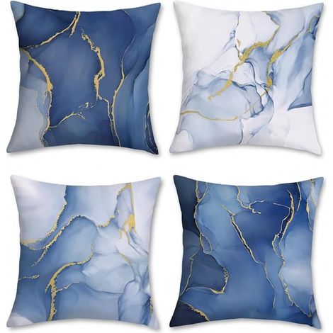 BEBUSINGOTO Kissenbezüge mit blauem Marmor, 45 x 45 cm, abstrakter blauer und goldener Marmor, moderne dekorative Kissenbezüge, blaue Kissenbezüge für Sofa, Terrasse, Heimdekoration, 4er-Set (1/5)