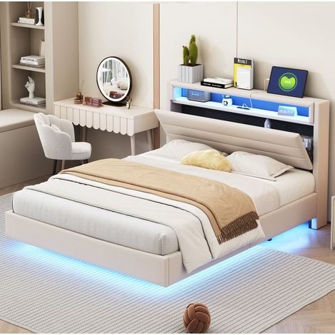 Letto imbottito moderno 140x200 cm beige, testiera girevole con vano, USB, luci LED, rete a doghe (1/5)