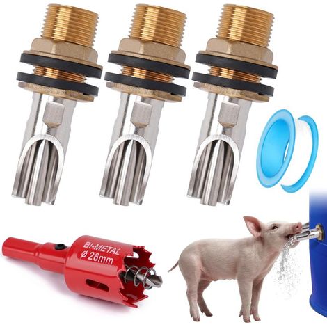 Abreuvoir à tétine pour porcs, système automatique en acier inox avec raccord laiton (kit de 3) (1/5)
