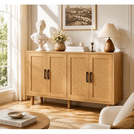 Buffet en rotin brun à quatre portes - 140 x 40 x 80 - Meuble de rangement en bois - Salon/Salle à manger - Style champêtre - Grand espace de rangement (1/5)