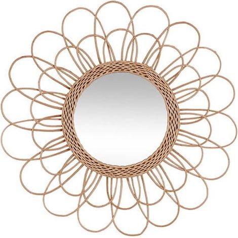Miroir mural Caya - Style bohème/Ibiza - Motif floral - Rotin - Marron clair - Rond - 56 cm (1/5)