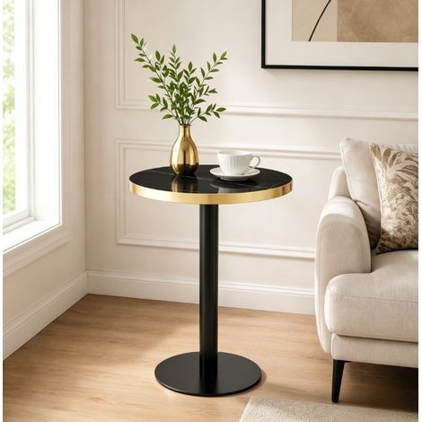 Mesa auxiliar redonda (60x60x73.7 cm), efecto mármol, borde dorado, base estable, MDF y metal negro (1/5)