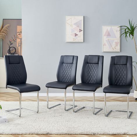 Chaises de salle à manger PU noir style nordique (quatre chaises dans une caisse) - Design avec coutures en maille, Pieds métalliques argentés brillants et pieds antidérapants, Polyvalence simple