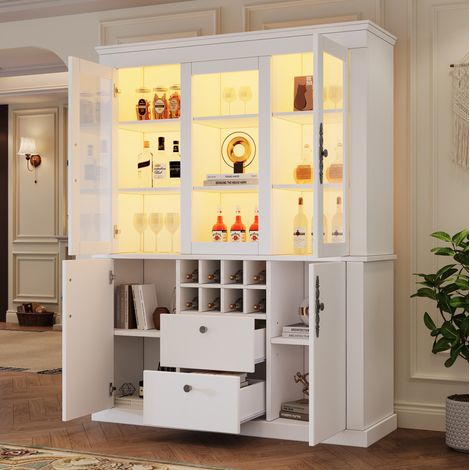 13037.5170.5cm Vitrine, Standvitrine mit 2 Schubladen 4 Schranktüren, Glasvitrine mit LED, Wohnzimmerschrank 130 cm breit,  Multifunktionsschrank mit 8 Weinregal, Großer Schrank, Weiß (1/5)