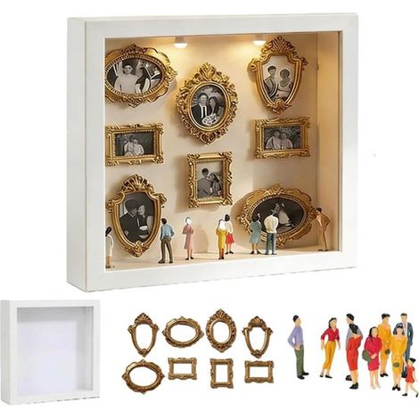 Set fai da te per museo di bambole in miniatura - Cornici - Cornici in miniatura con luci a LED - Cornici in miniatura vintage - Include 8 cornici in miniatura dorate e 8 piccoli ornamenti - Bianco