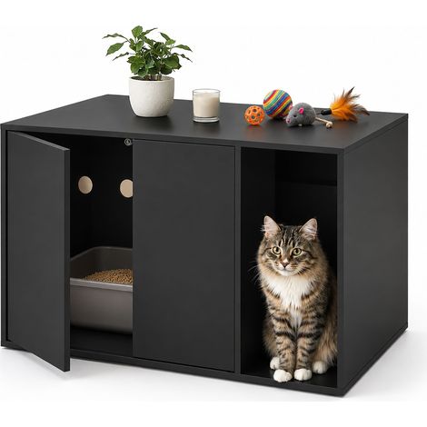 Relaxdays Mueble para Gatos, Arenero, Sistema Push-to-Open, 2 Puertas, 50 x 72 x 50 cm, Madera, Negro