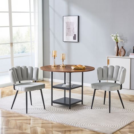 Set tavolo da pranzo rotondo 107 cm noce con 2 sedie in tessuto grigio chiaro (1/5)
