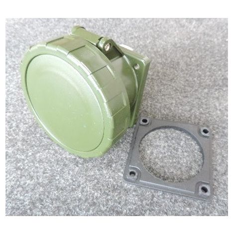 Prise à encastrer 3P+N+T 32A femelle clapet kaki 346-415V 50/60Hz socle 75x75mm pour coffret 6h étanche IP67 EUREKA (1/2)
