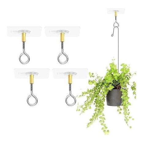 4 pièces Crochets de Plafond Autocollants sans Perçage, Crochets en Transparent pour Plantes Suspendues avec Crochets en Acier Inoxydable pour Plafond, Crochets Adhésifs Plafond (1/5)