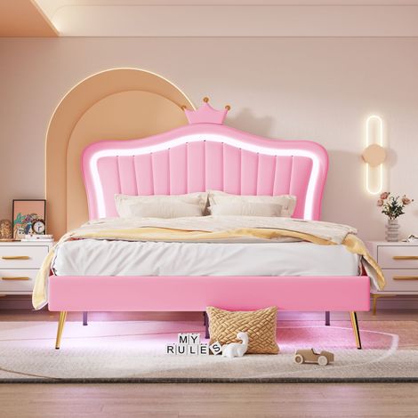 Letto per adulti Letto per bambini imbottito 140 x 200 cm con LED, a forma di corona per bambine, in similpelle, rosa (1/5)
