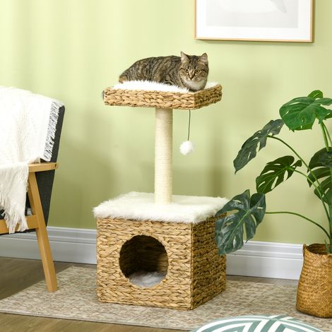 Zweistöckiger Katzenbaum mit 1 Höhle, 1 Sisalstamm, 1 Aussichtsplattform und 1 hängendem Wasserhyazinthen-Pompon (1/5)