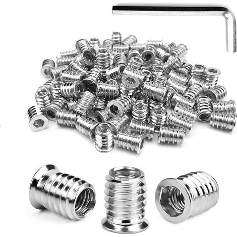 100 Pièces Insert Fileté Bois, Insert Fileté M6 X 15 mm, Insert Bois M6 en Acier Galvanisé, Structure Filetée Intérieure et Extérieure, pour Contreplaqué, Panneaux Composites (1/5)