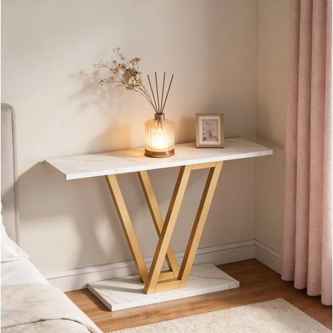 Table console étroite 110 x 30 x 80 cm en MDF et métal blanc et doré OKWISH (1/5)