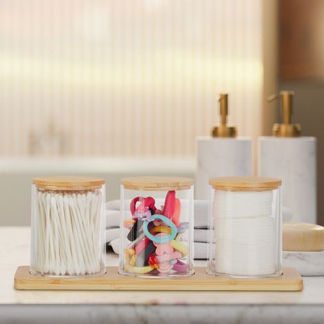 Badezimmer aufbewahrungsset mit bambusdeckeln und tablett