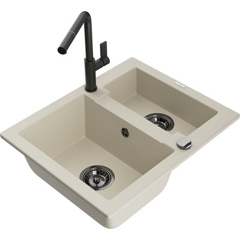 Mexen Carlos évier en granit à 1,5 cuve avec robinet mélangeur Flora, Beige - 6518-69-670401-70-B (1/5)