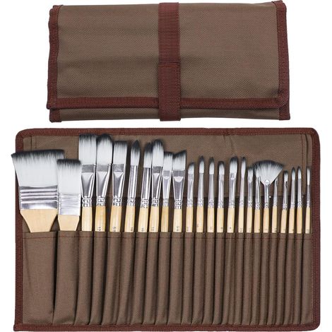 Set Pinceaux Acrylique, 24 Tailles, Eau, Huile, Pierre, Avec Pochette, Nylon, Aluminium, Manche, Artiste, Étui (1/5)