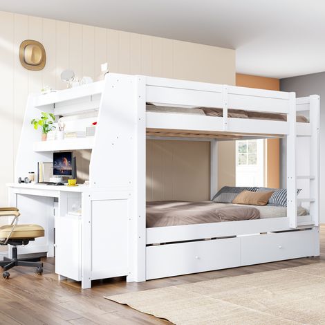 Etagenbett 140x200 cm mit Schreibtisch, Stauraum und Schubladen, weiß OKMYHOME (1/5)