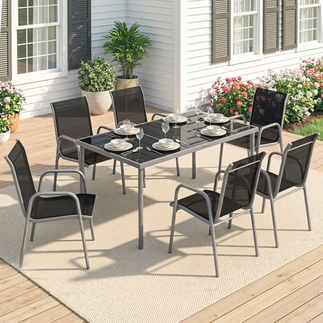 Ensemble Jardin 7 pièces avec 6 Chaises Pliables Texteline et Table Basse Verre, Noir et Argent (1/5)