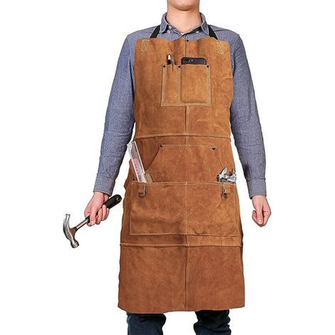 Tablier en Cuir Menuiserie, Tablier de Travail avec 6 Poches à Outils, Tablier Soudeur pour Homme Femme, Anti-Chaleur Ignifuge Tablier d\'Atelier, Réglable de M à XXL (1/5)