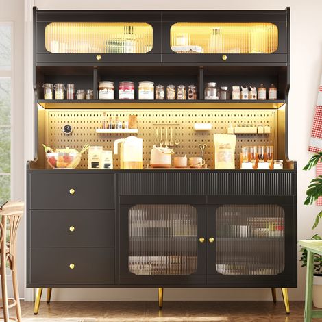 Buffet haut vitré 145x39x171 cm-LED RGB avec application-Porte relevable-Verre cannelé-Tiroir-Étagères en verre-Panneau perforé-Noir (1/5)