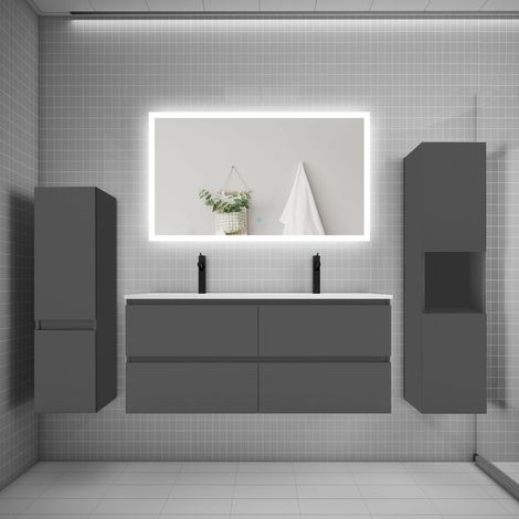 Ensemble meuble de salle de bains 120cm, double vasque et colonne et LED miroir rectangulaire,anthracite (1/5)